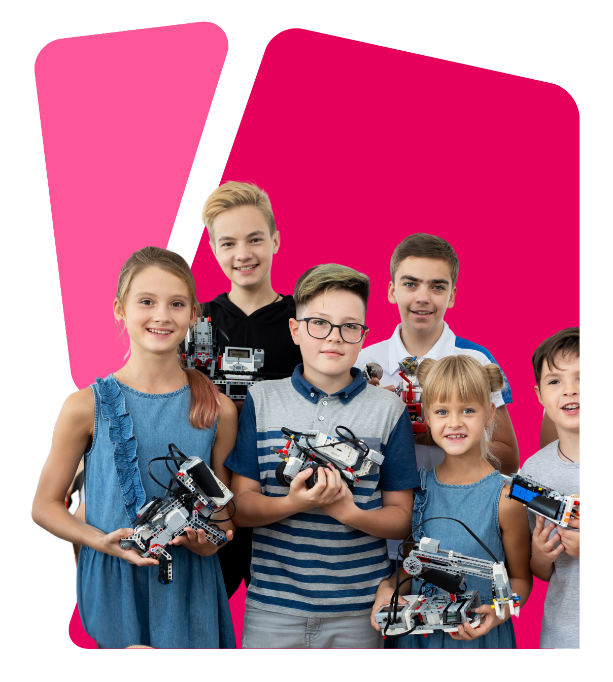 Group of six children holding robotic models, smiling against a pink and magenta abstract background.