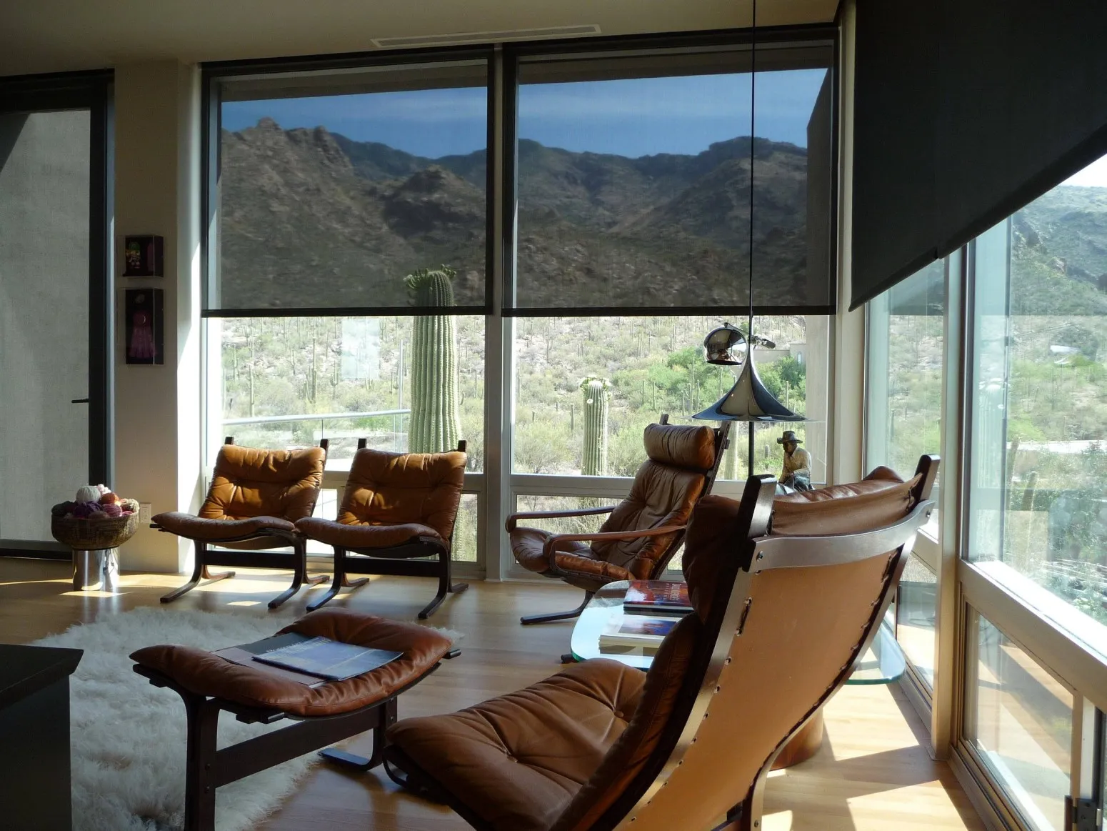 Partially closed solar screens in a living room