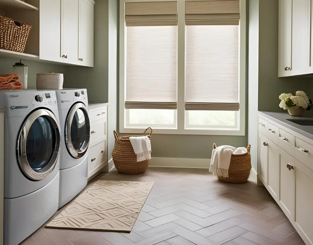 A stylish and organized laundry room featuring a white front-loading washer and dryer, white cabinetry, and sage green walls. Large windows with beige woven shades let in natural light. The space includes woven baskets with towels, a beige geometric rug on a herringbone-patterned floor, and decorative elements like folded towels and a vase of white flowers on the countertop. The room has a warm, clean, and functional aesthetic.