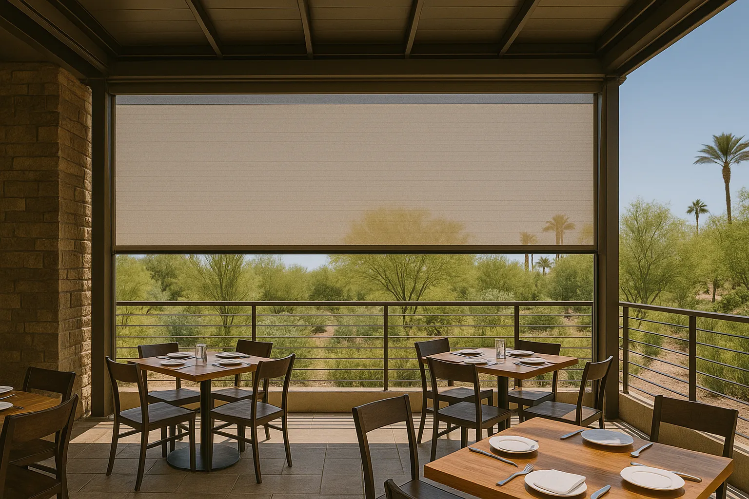 Outdoor restaurant patio with wooden tables, chairs, and a scenic view of desert landscape through large window.
