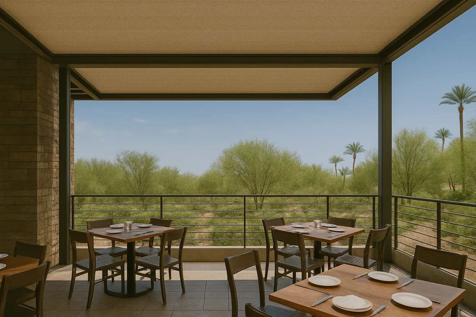 Outdoor restaurant seating with wooden tables overlooking a lush desert landscape under SkyShade.