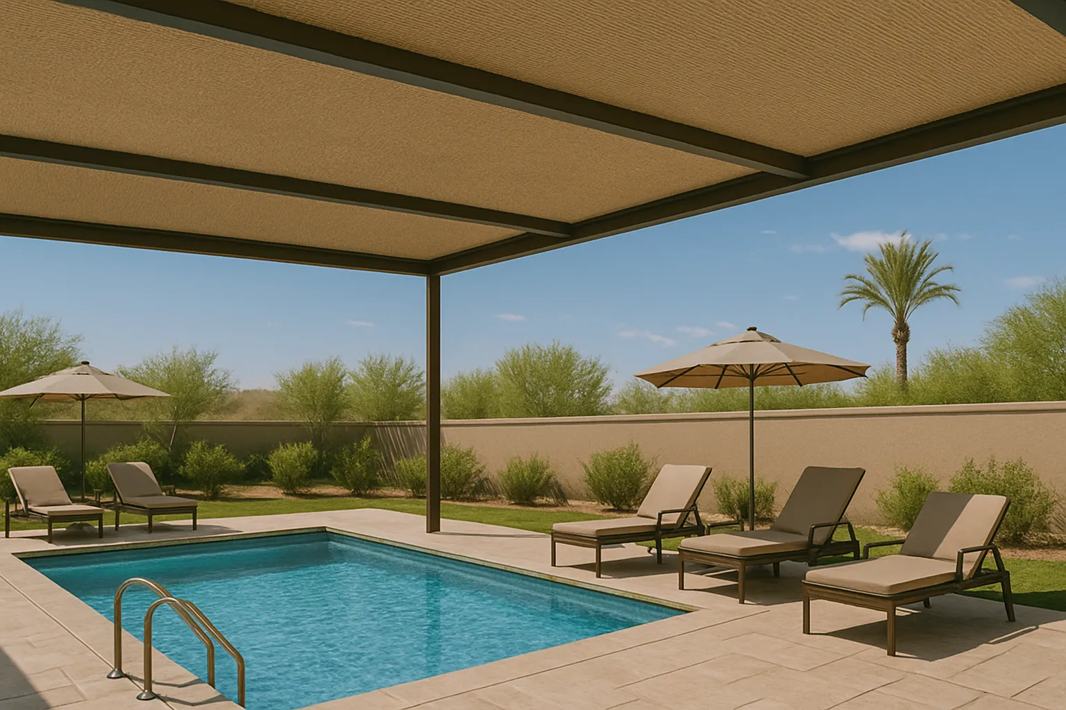 Outdoor pool area with lounge chairs and umbrellas under a SkyShade, surrounded by desert landscaping.
