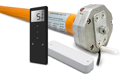 Remote control device, tubular motor, and sensor component for an automated awning system.