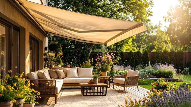 Cozy outdoor patio with wicker sofa and chairs under a beige retractable awning surrounded by lush garden and flowers at sunset.
