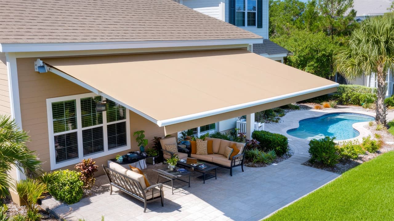 Backyard patio with beige retractable awning shading outdoor seating area next to a small swimming pool.