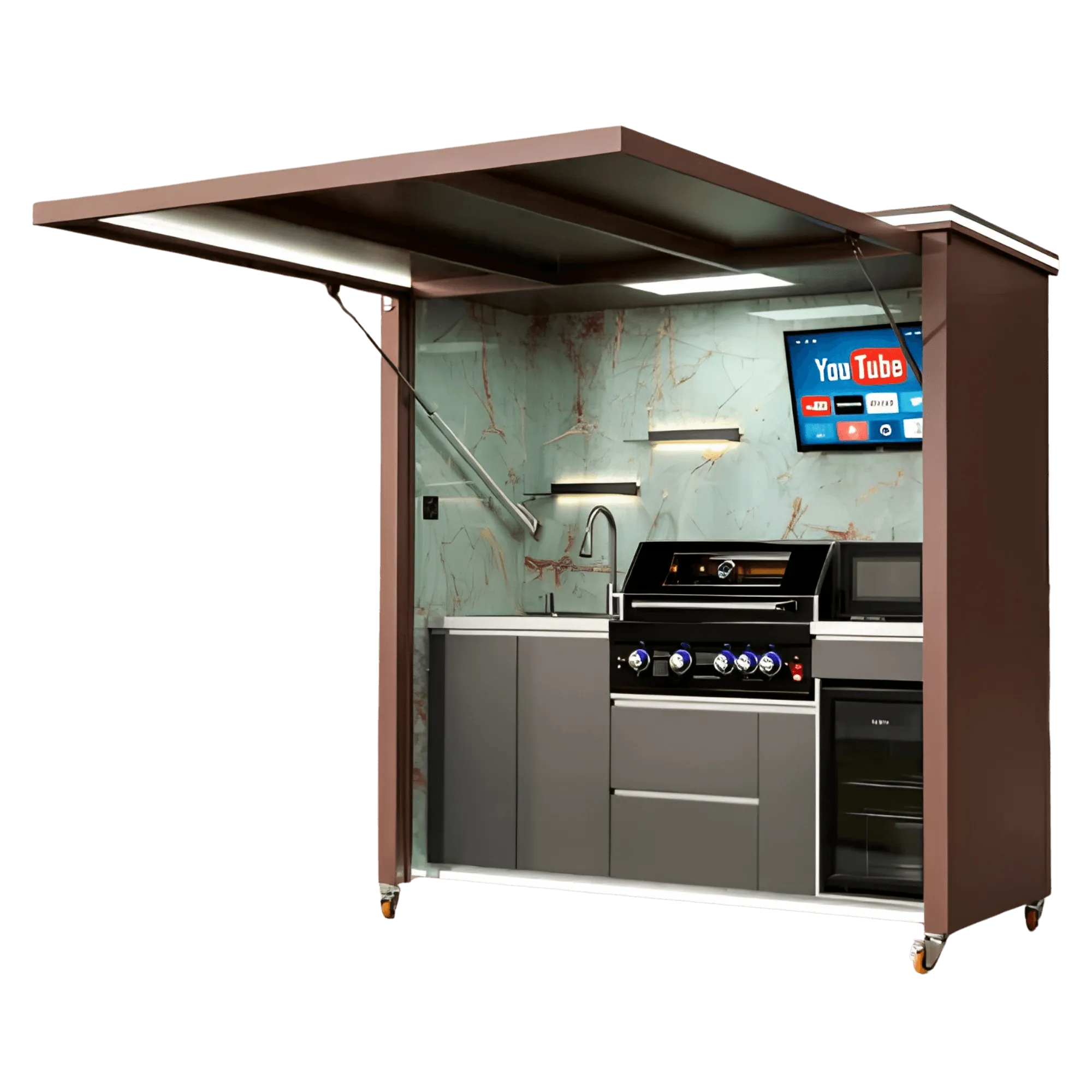Desert Shade outdoor kitchen open side view with green marble interior wall panel and built-in appliances