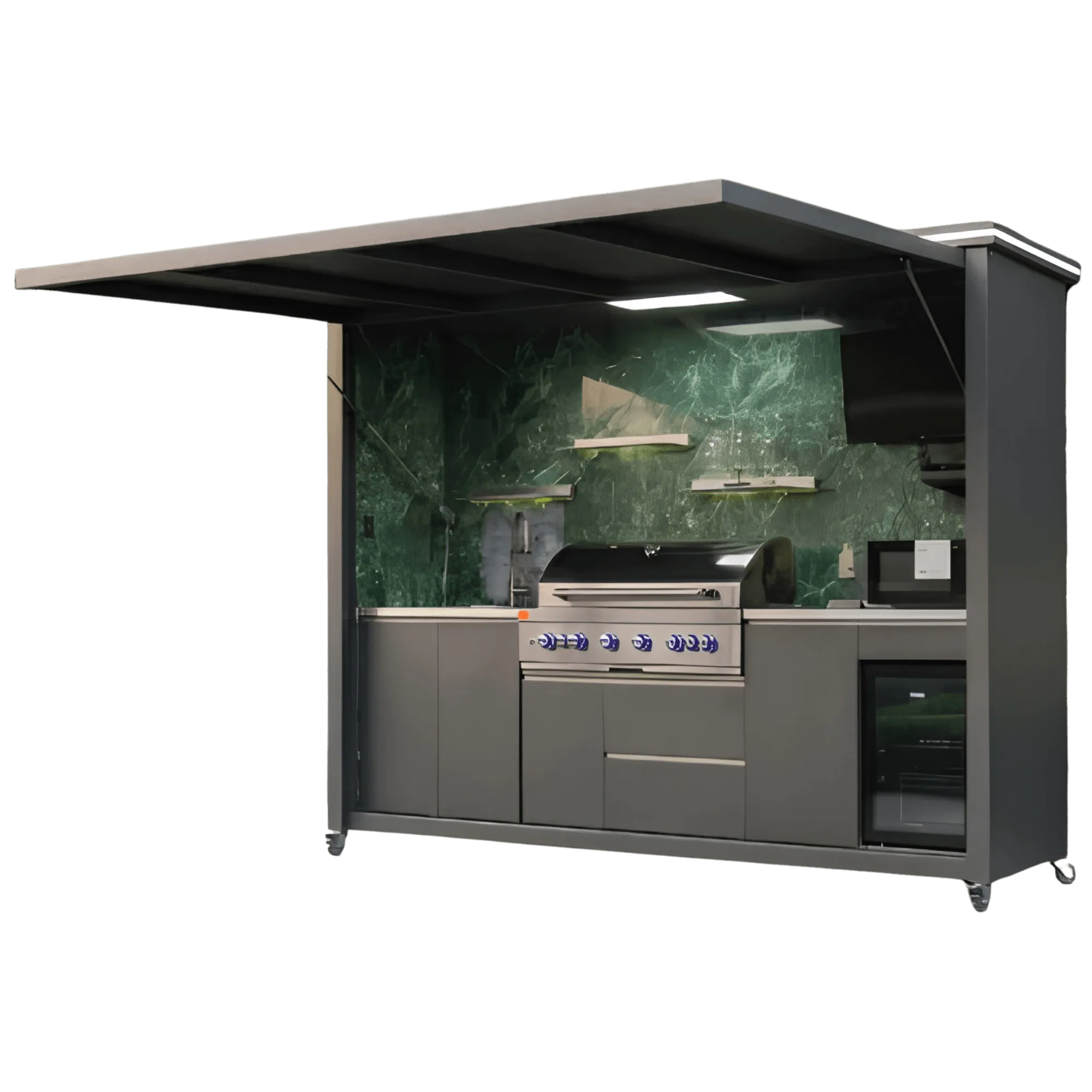 Desert Shade outdoor kitchen with Ming Green marble interior wall panel open side view