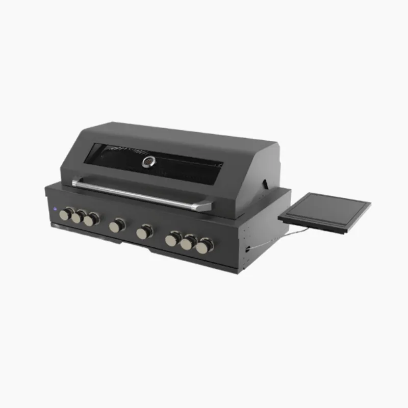 Black titanium finished built-in grill with viewing window and side shelf for outdoor kitchen
