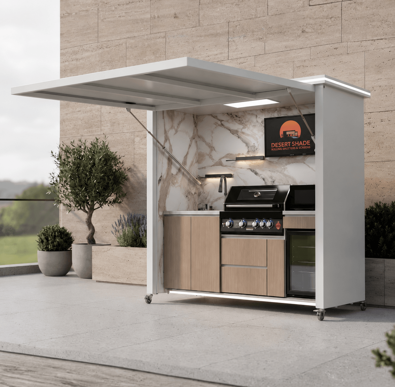 Desert Shade Deluxe outdoor kitchen with white exterior finish open on elevated patio