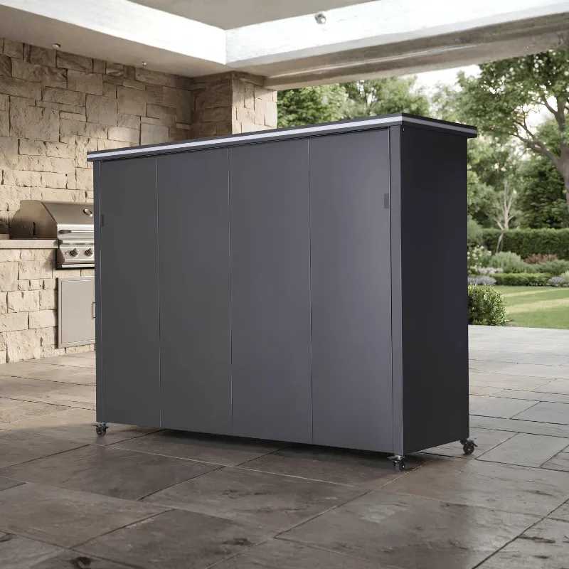 Desert Shade outdoor kitchen closed exterior view with classic black finish on stone patio