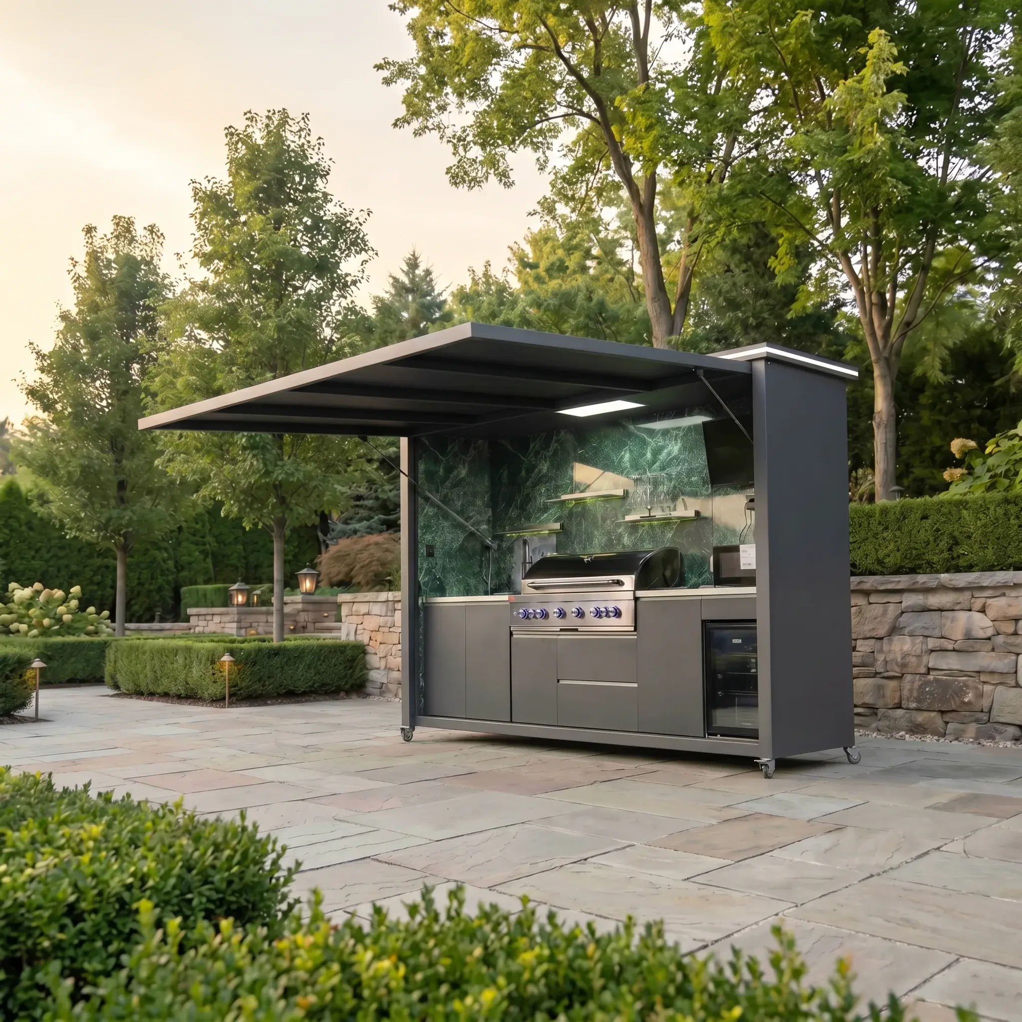 Desert Shade modular outdoor kitchen with motorized lift-up cover closed in Las Vegas backyard