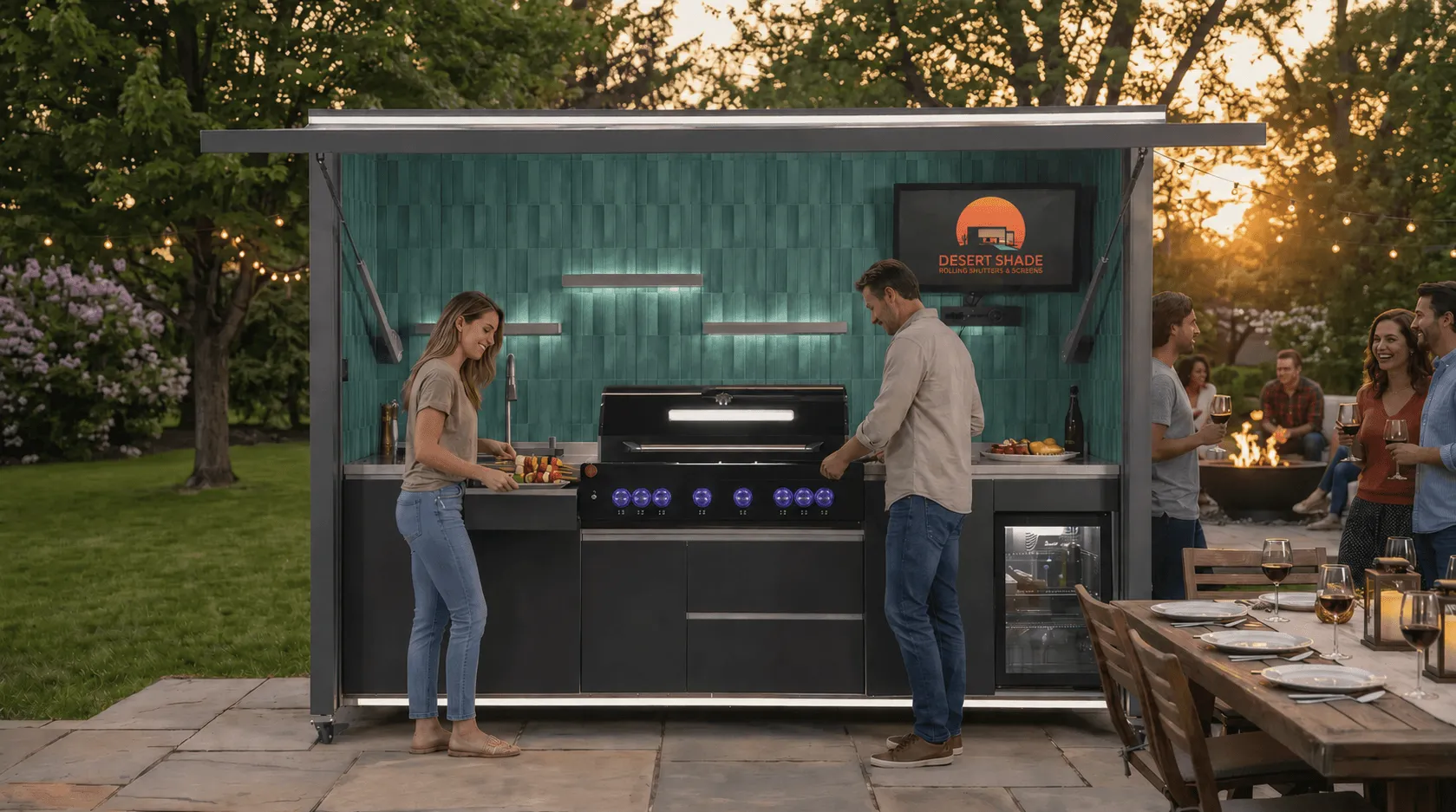 Couple grilling on Desert Shade outdoor kitchen with Ming Green marble interior wall panel