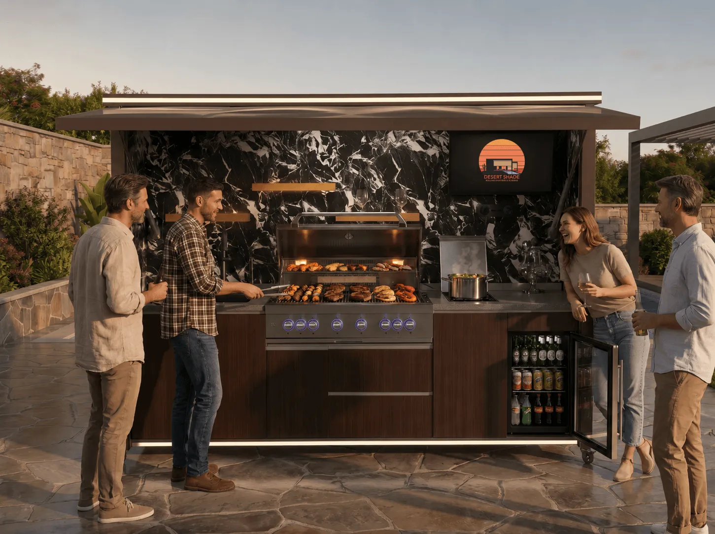 Friends gathering around Desert Shade outdoor kitchen during evening backyard entertainment