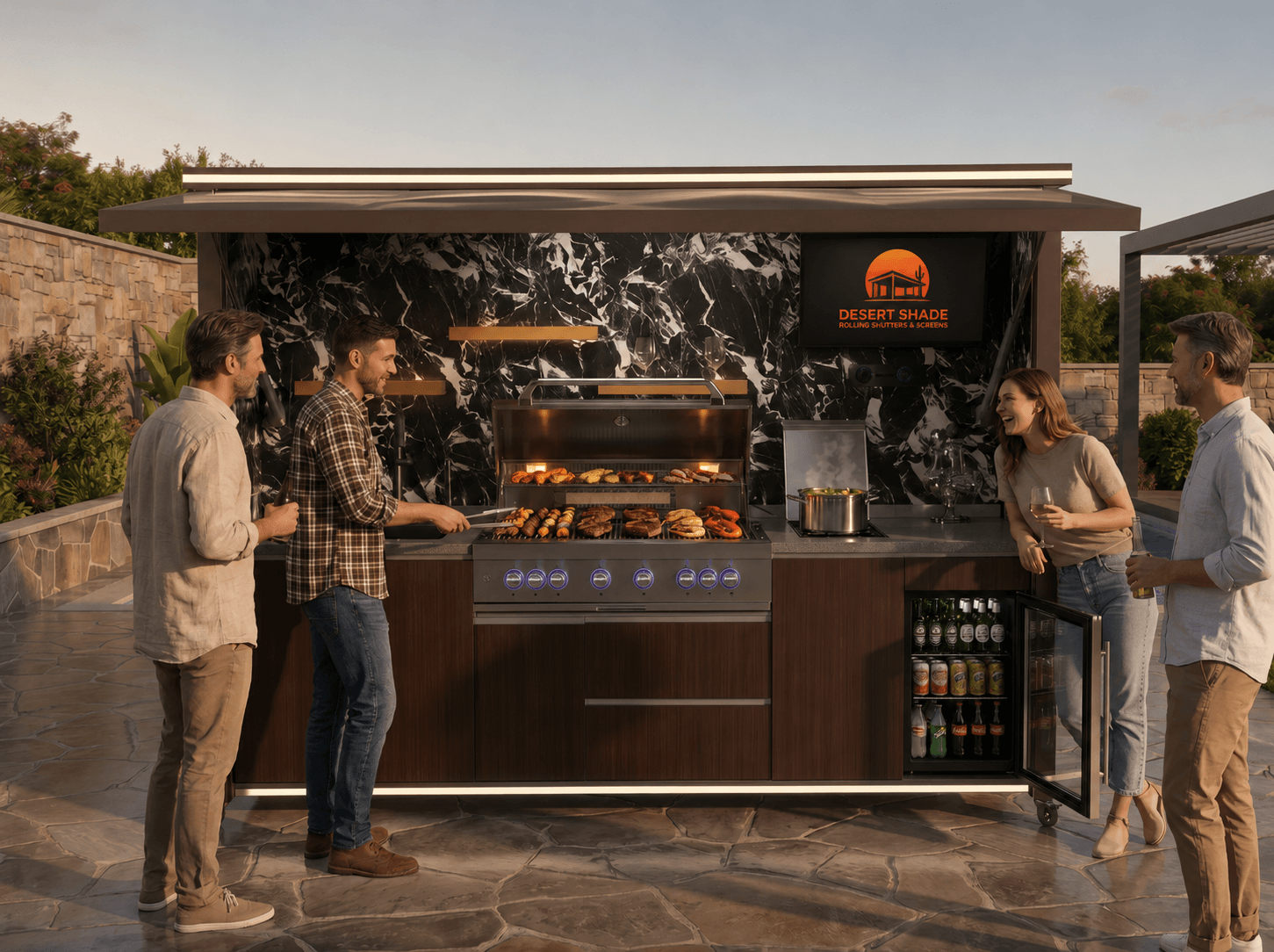 Friends gathering around Desert Shade outdoor kitchen during evening backyard entertainment