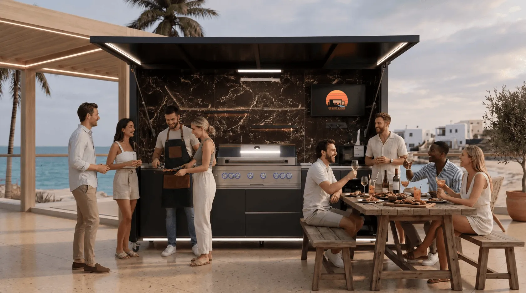Family entertaining outdoors with Desert Shade modular outdoor kitchen on patio