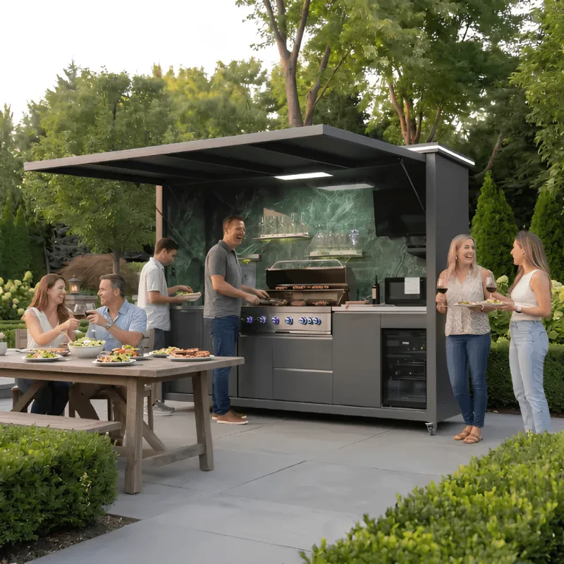 Family dining outdoors next to Desert Shade outdoor kitchen on modern patio