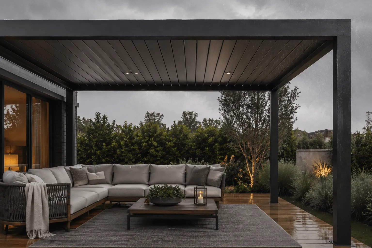 Pergola with a dark wood-look ceiling shading an outdoor sofa and coffee table on a rain-dampened deck
