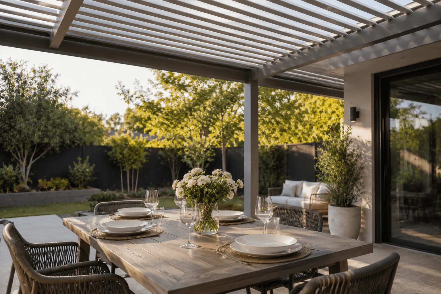 Close-up of a louvered pergola roof over a patio with flowering shrubs, lit by warm evening light