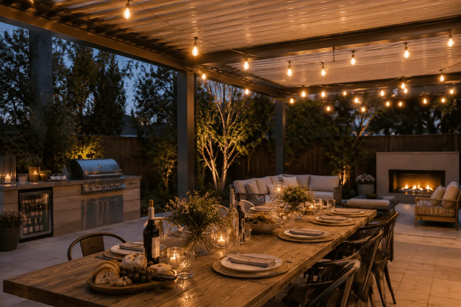 Pergola-covered outdoor dining table lit by string lights at dusk, with a fireplace and kitchen nearby