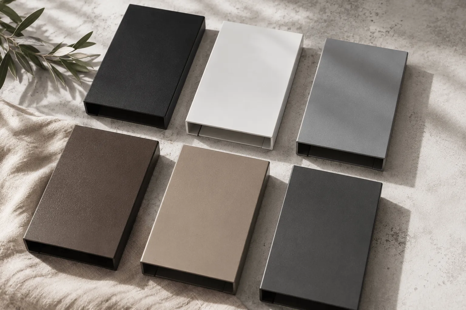 Six pergola frame color finish swatches arranged on linen fabric, ranging from black to warm bronze tones