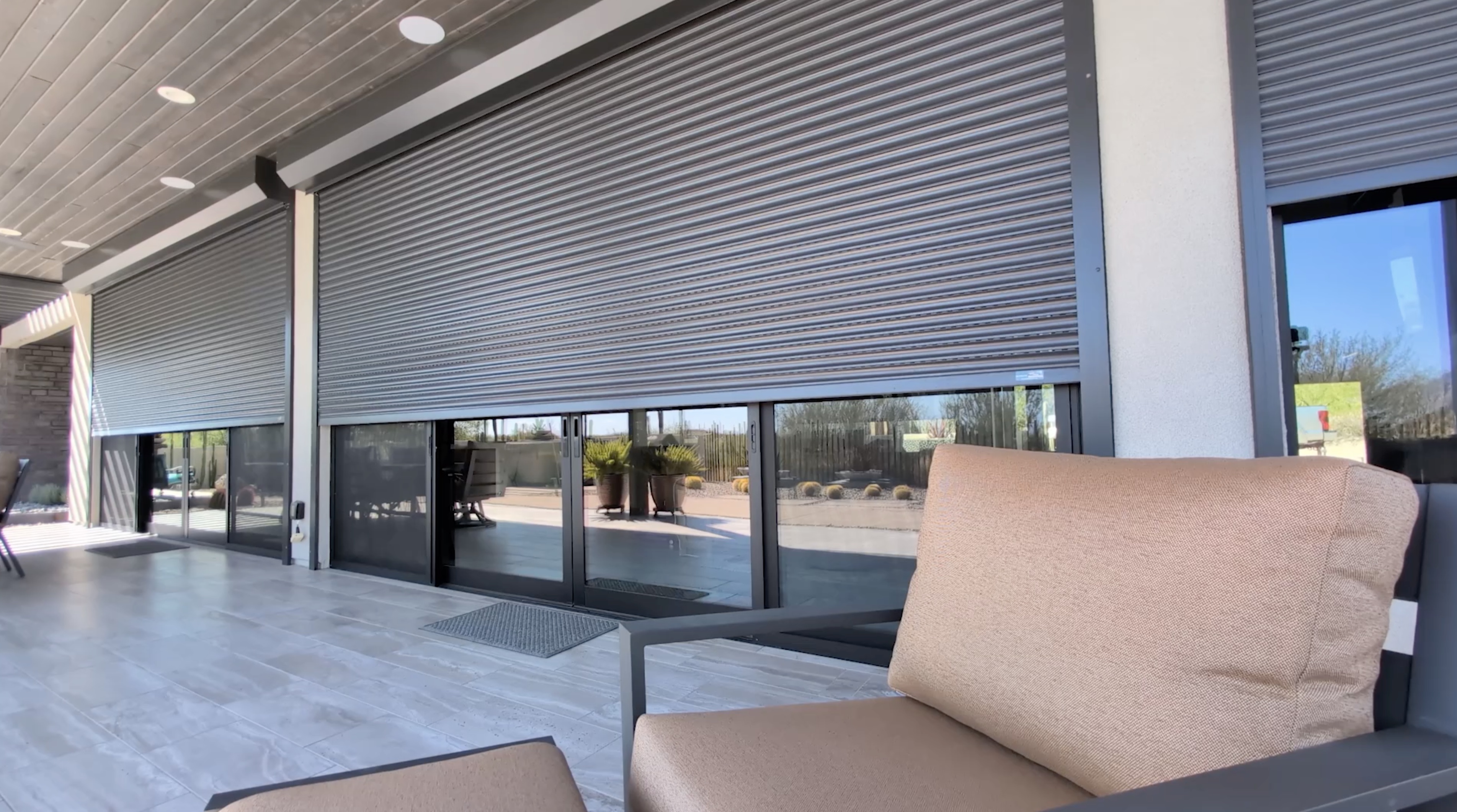 Motorized patio shutter partially closed, Las Vegas.