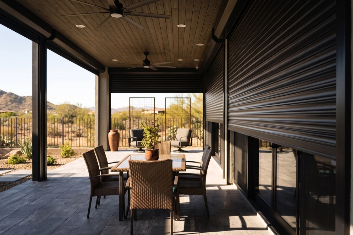 Wide-angle, cinematic shot of a patio featuring sleek black rolling security shutters along a glass wall.
