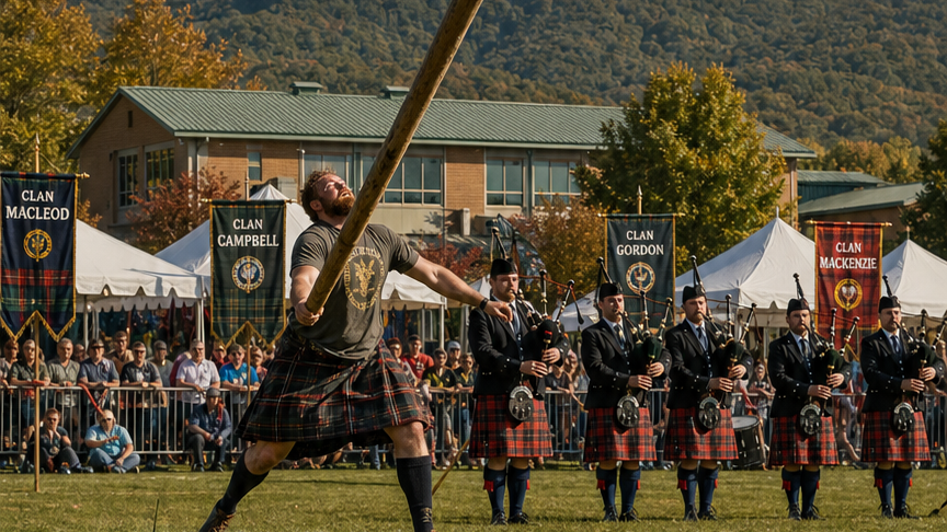 Kilted athlete mid caber toss at the North Georgia Highland Games with a pipe band, clan banners, and the mountains behind