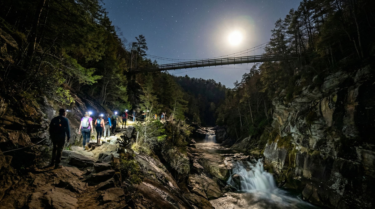 Moonrise over Tallulah Gorge from the suspension bridge
