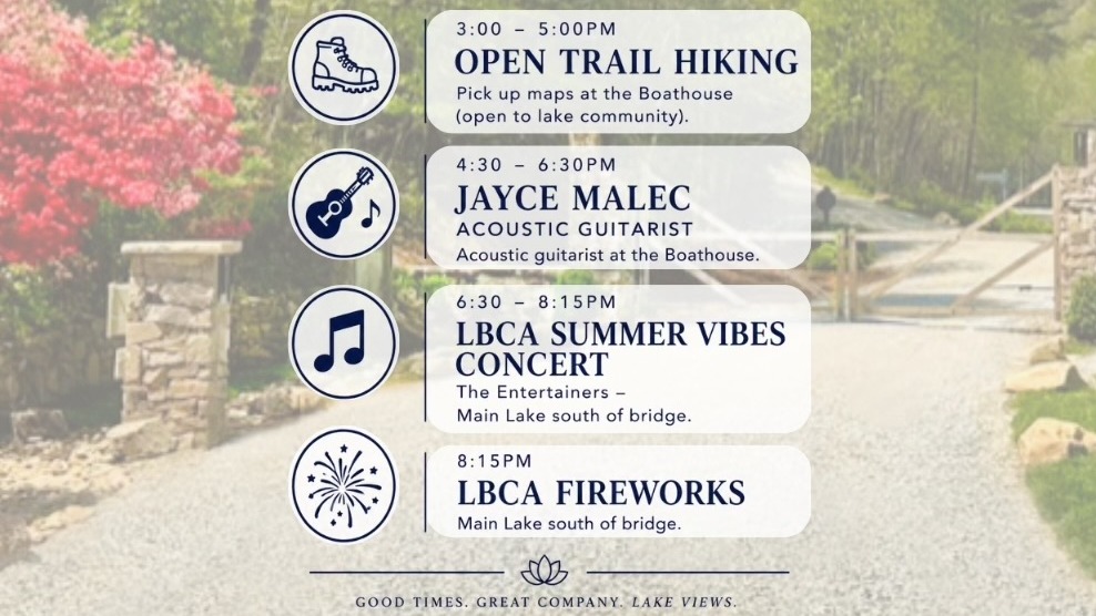 Sunday at Burton: open trail hiking, Jayce Malec, the LBCA Summer Vibes concert and fireworks over the entrance drive
