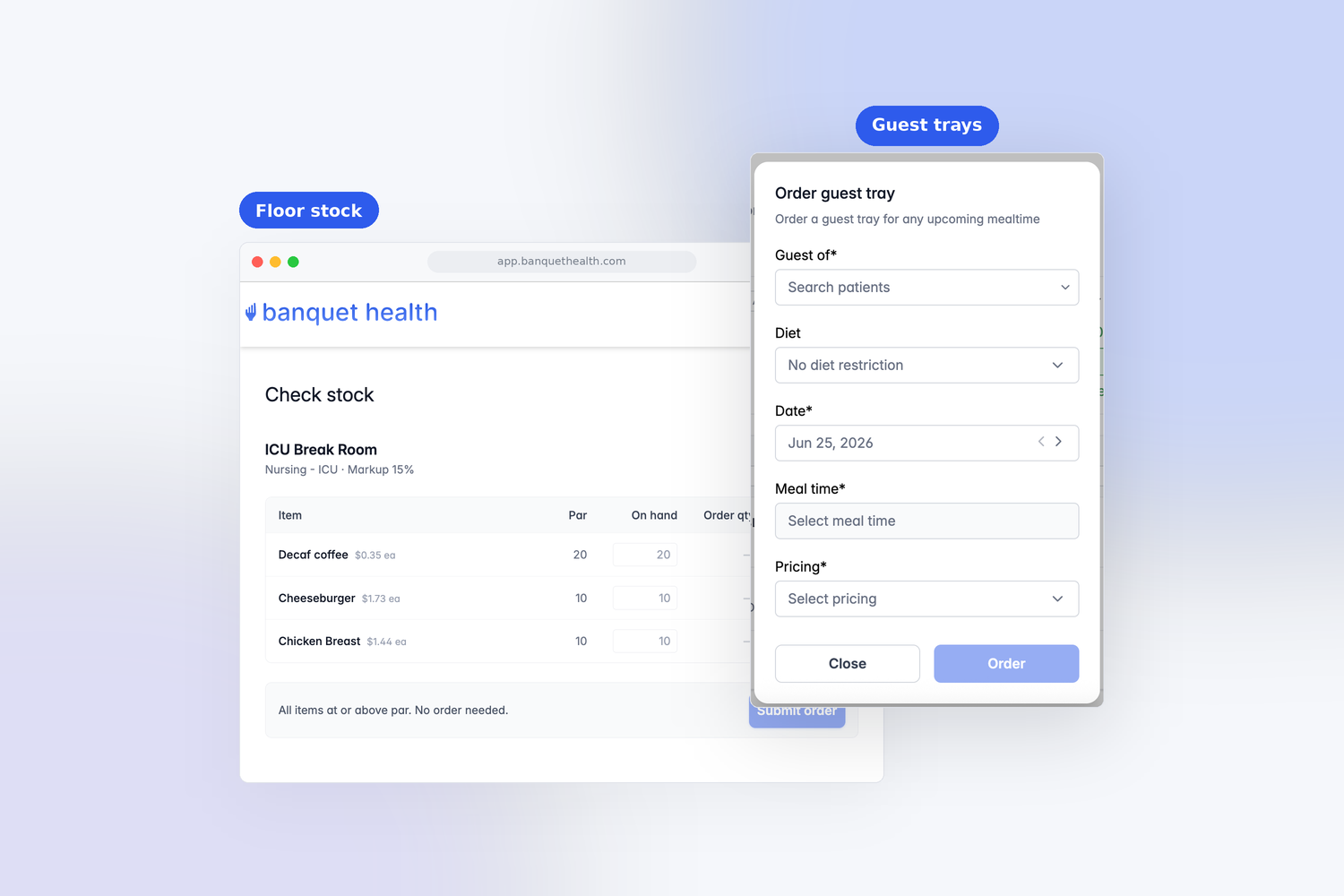Banquet Health platform showing the Floor stock check-stock screen with the Order guest tray dialog open.