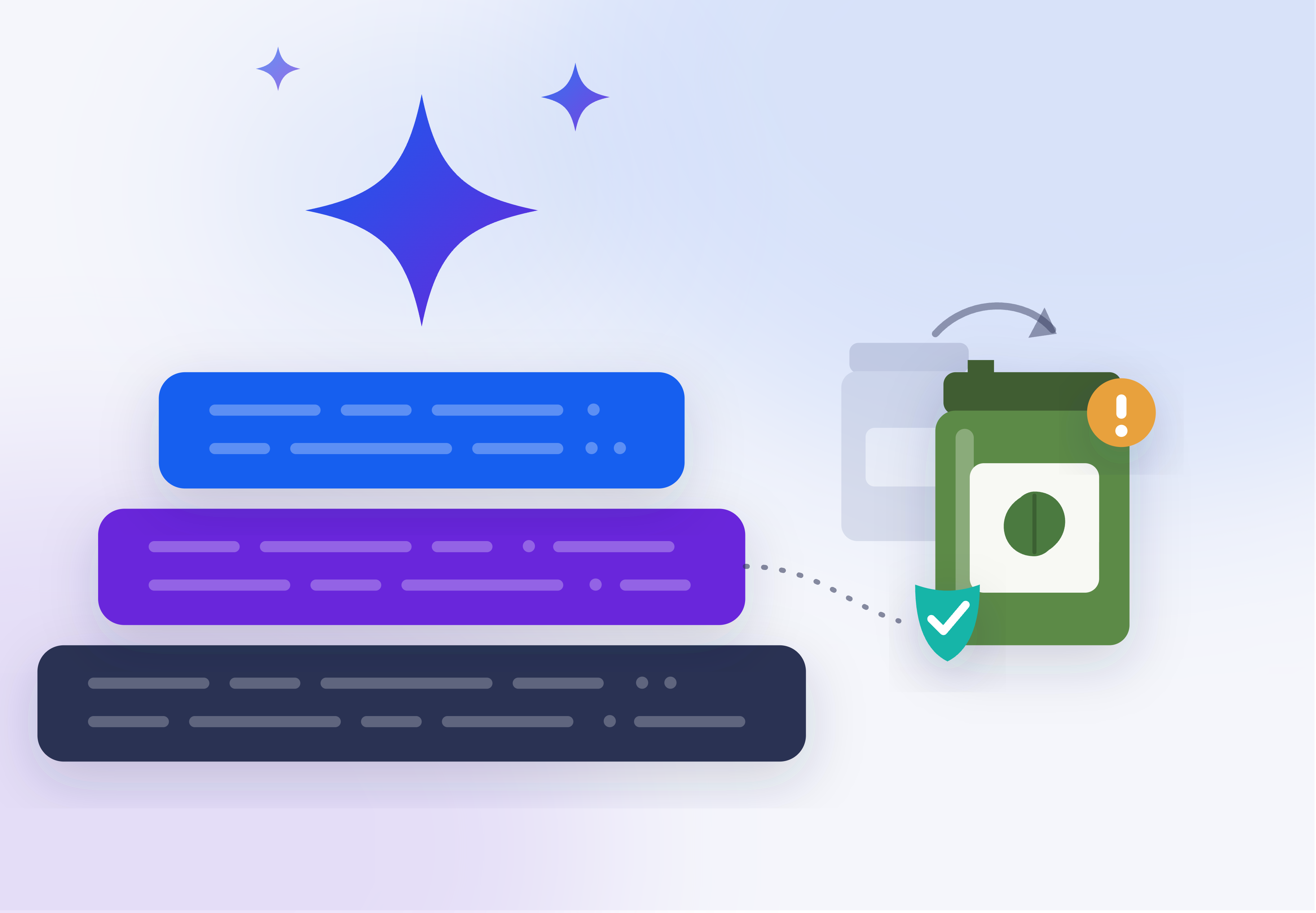 Illustration of an AI sparkle resting on stacked data layers, with a swapped pesto jar flagged for allergens