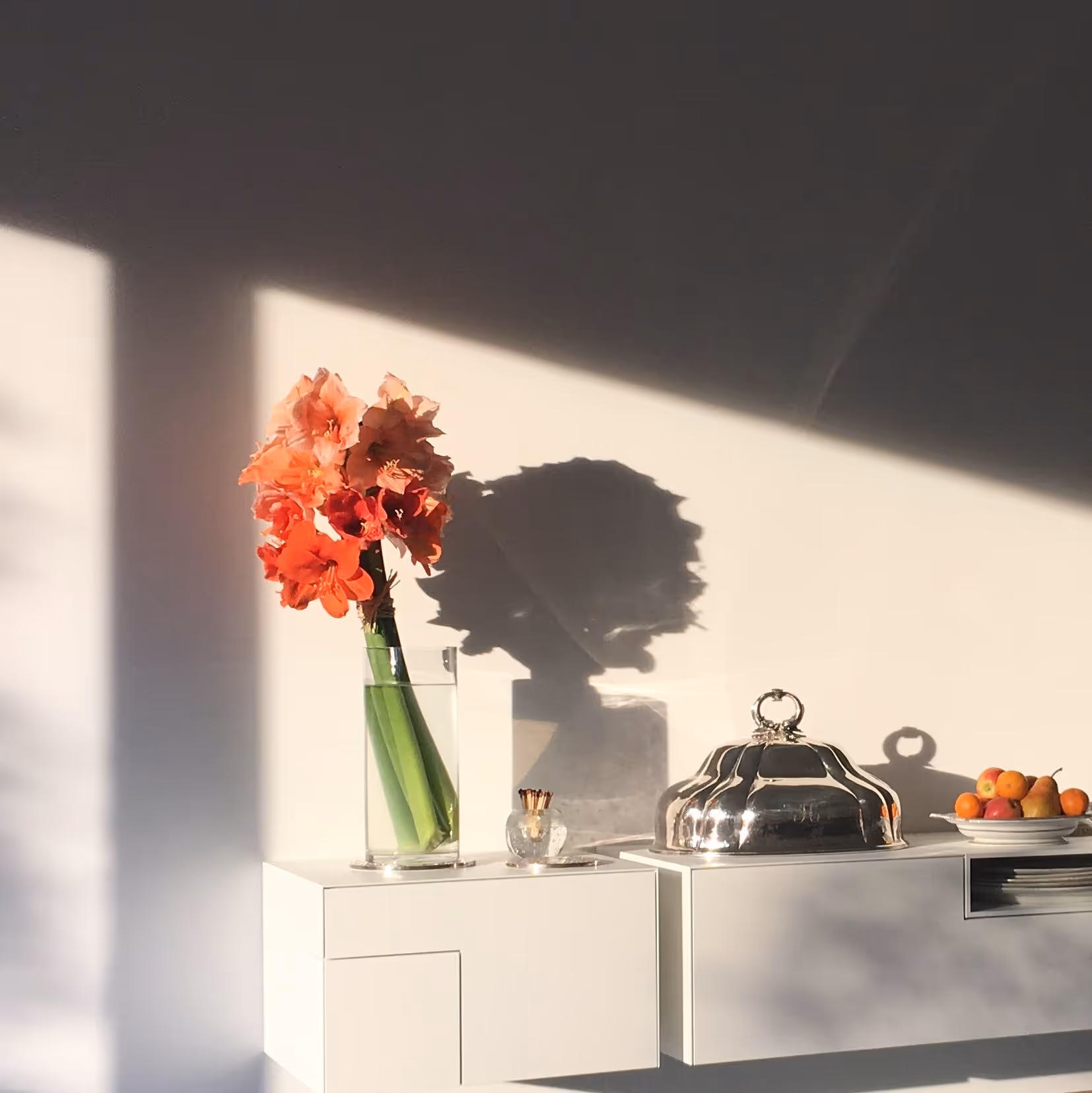 Orange flowers in a glass vase sitting on a white floating shelf, brightly lit from a window