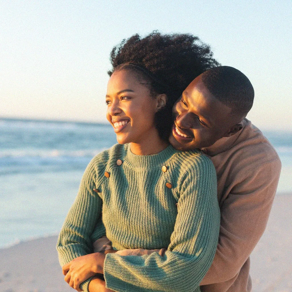 Smiling couple hugging on a beach at sunset with ocean in the background.
