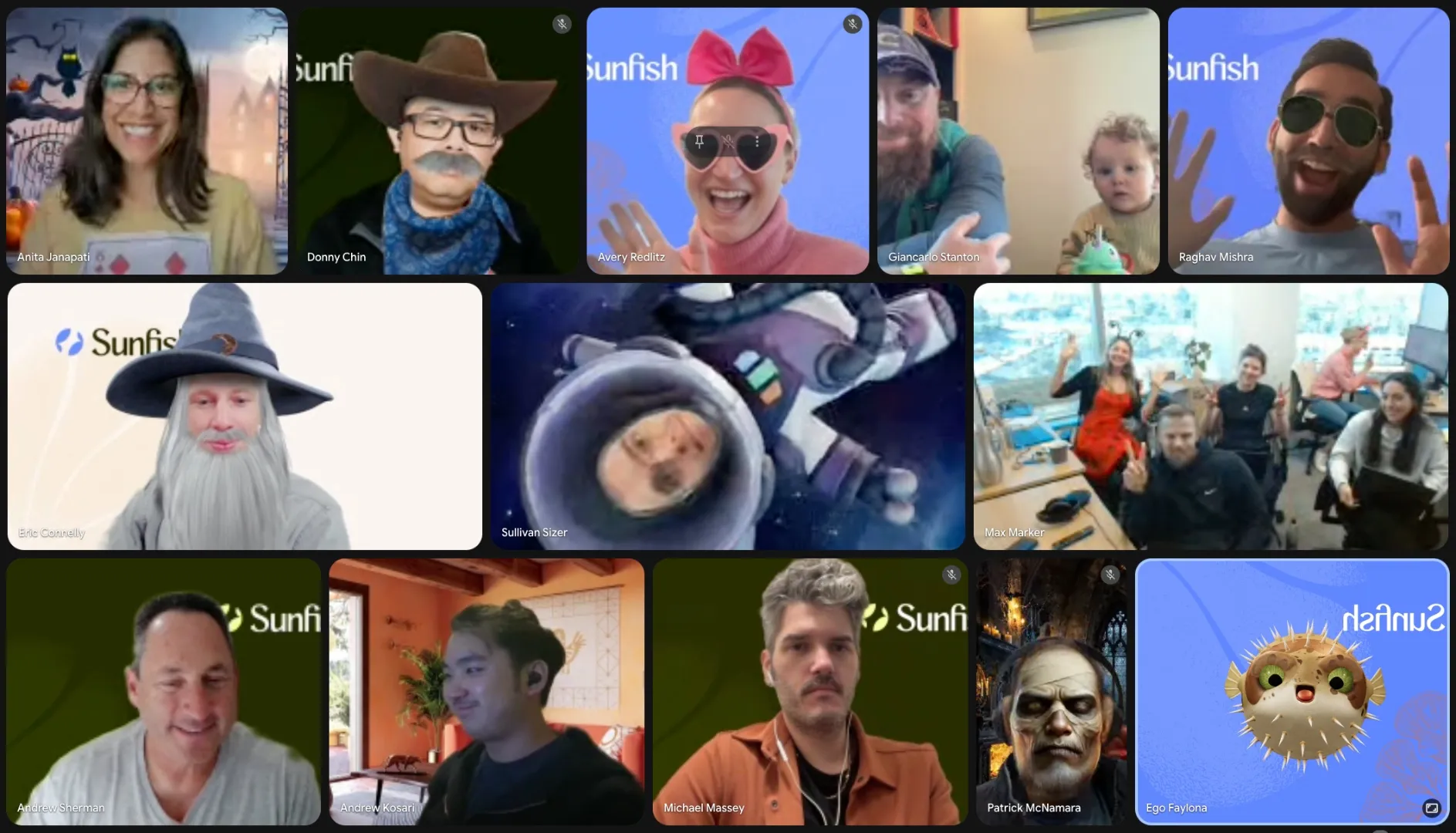 Virtual team video call with participants wearing fun costumes and using playful virtual backgrounds, including wizard, cowboy, astronaut, and animated characters.