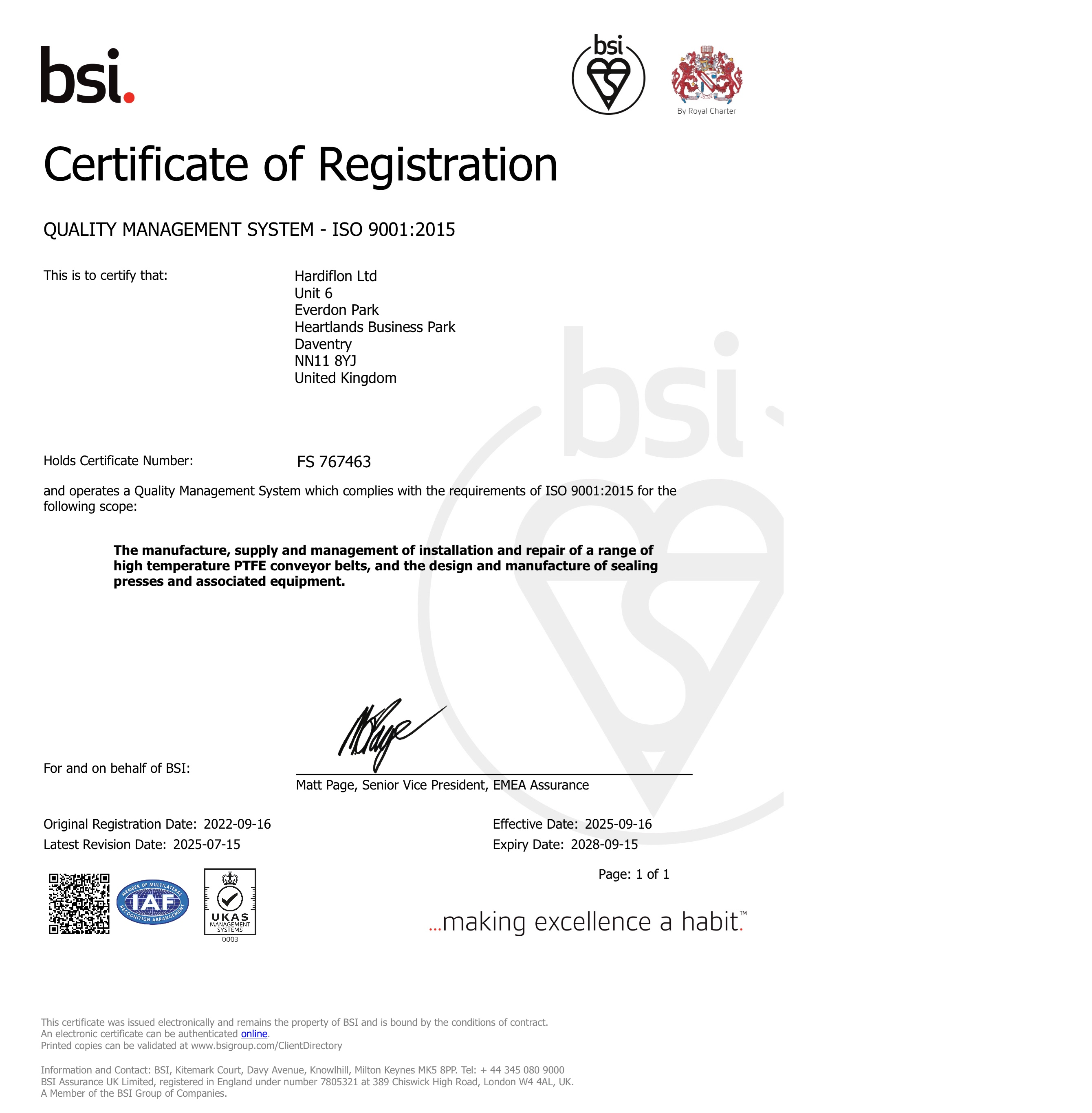 Quality commitment: Hardiflon maintains ISO 9001:2015 certification