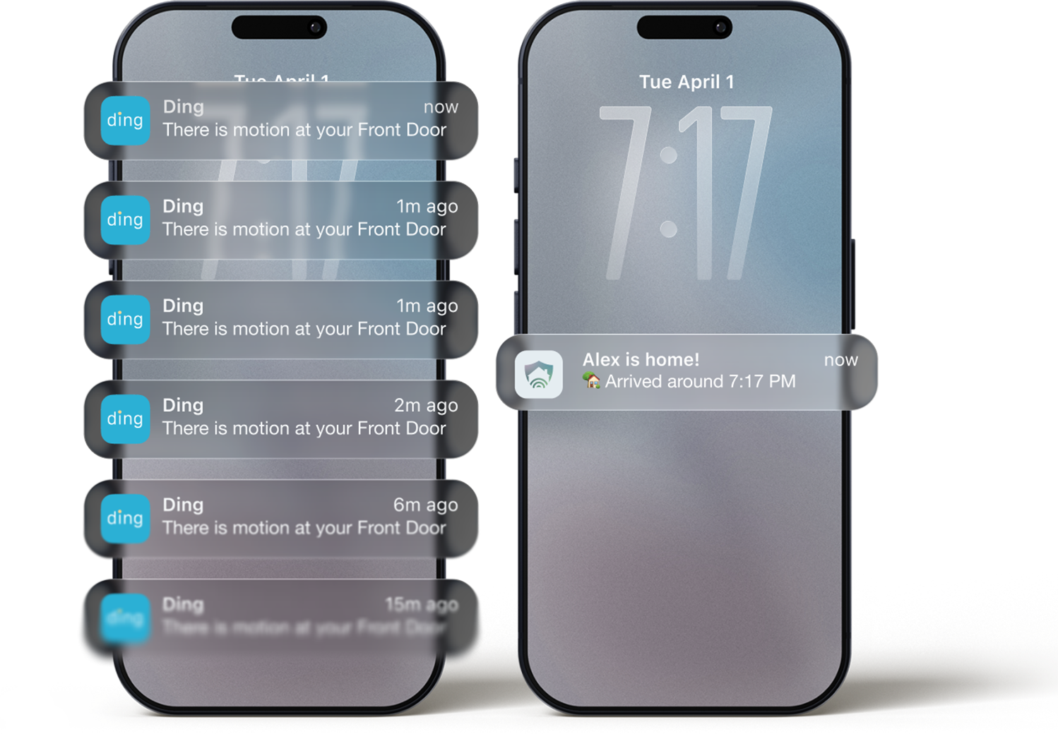 Two mobile devices. The device on the left has lots of vague security notifications. The device on the right has one notification communicating who’s home.
