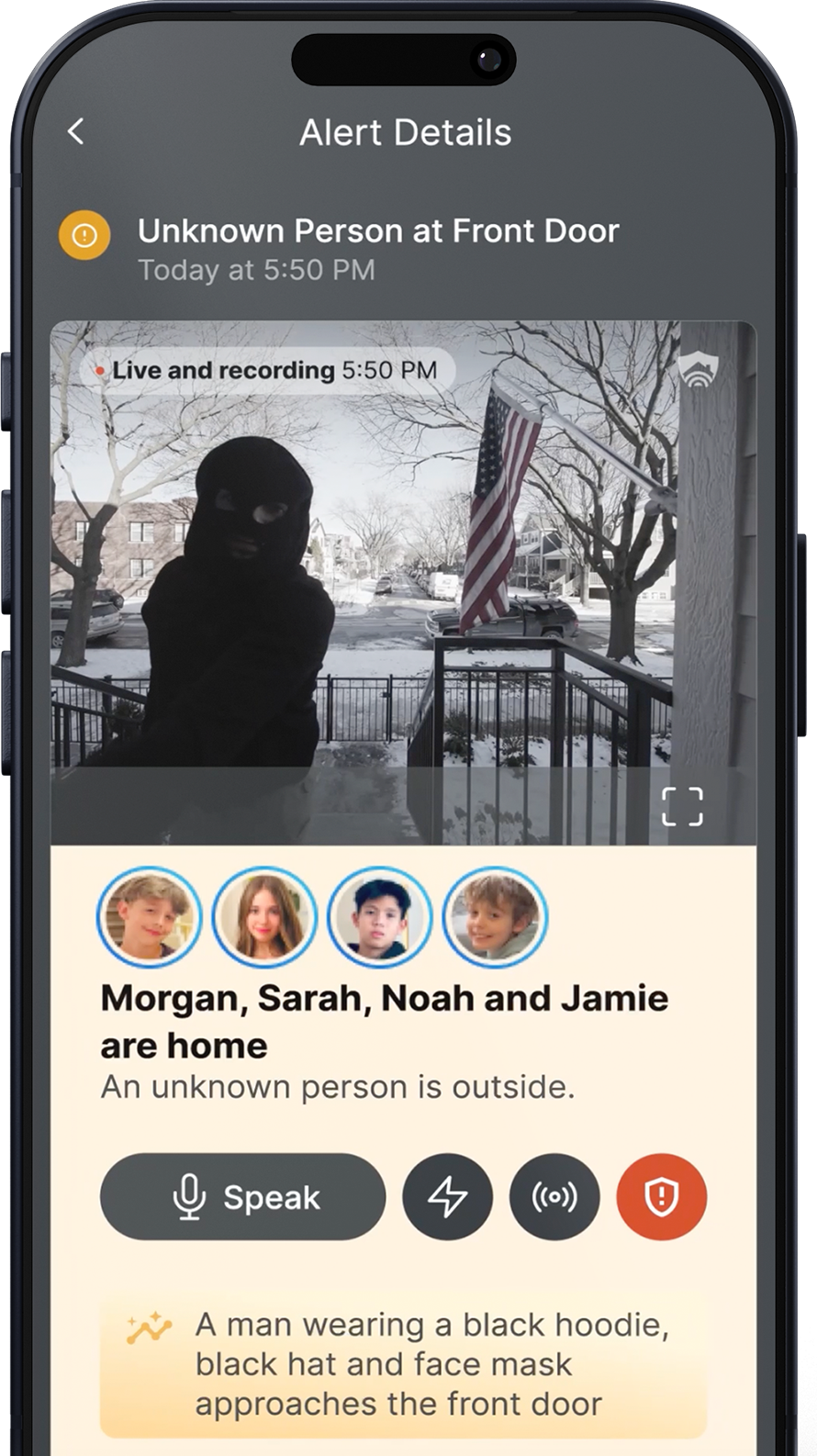 HomeAware app screen showing an alert for an unknown person at the front door. The notification confirms that family members Morgan, Sarah, Noah, and Jamie are home, while a live doorbell camera feed shows an unrecognized visitor outside.
