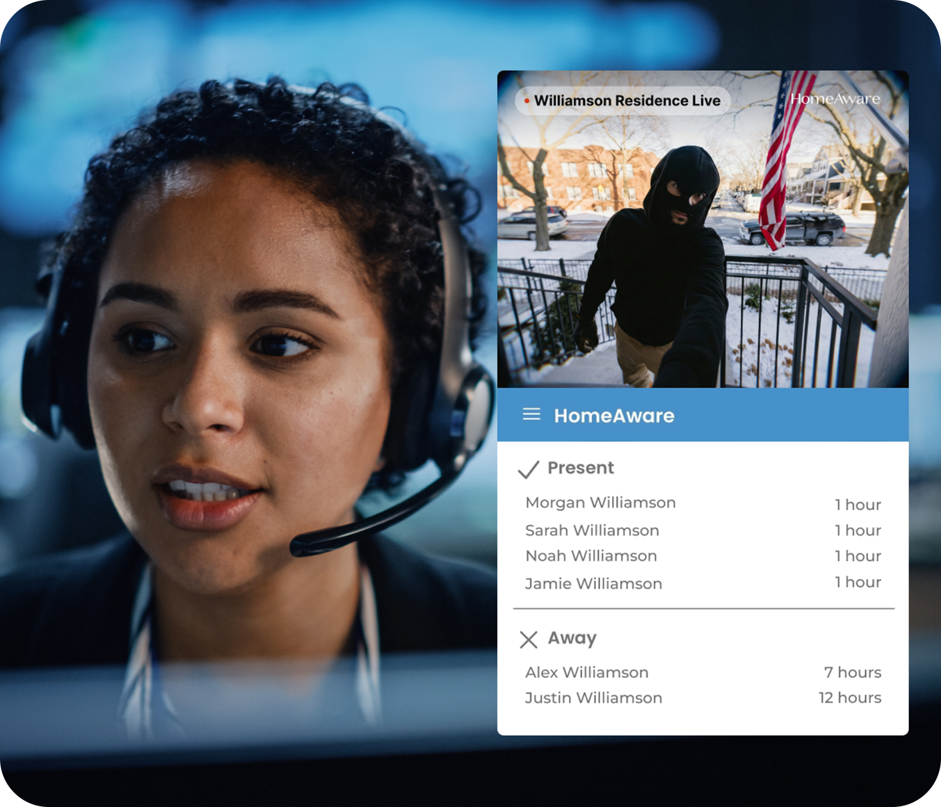 A HomeAware professional monitoring agent reviews a live doorbell camera feed showing an unrecognized visitor at the Williamson residence, with a real-time household presence summary confirming which family members are home and away.
