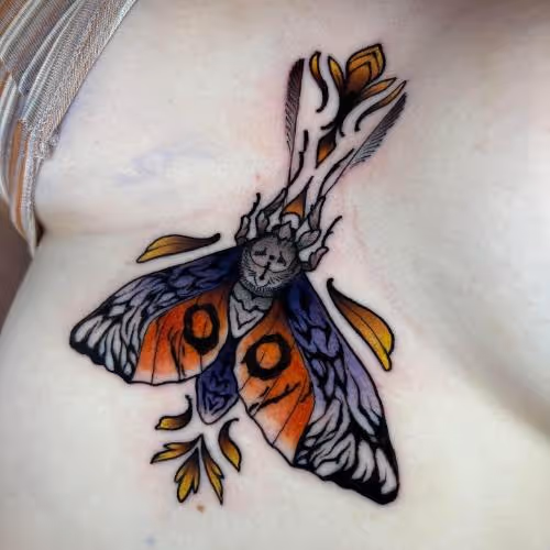 Stylized moth tattoo with a cat face, orange and purple wings, and golden leaf accents