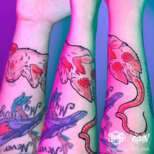 Pink rat forearm tattoo with red accents, shown from three angles on a neon gradient background.