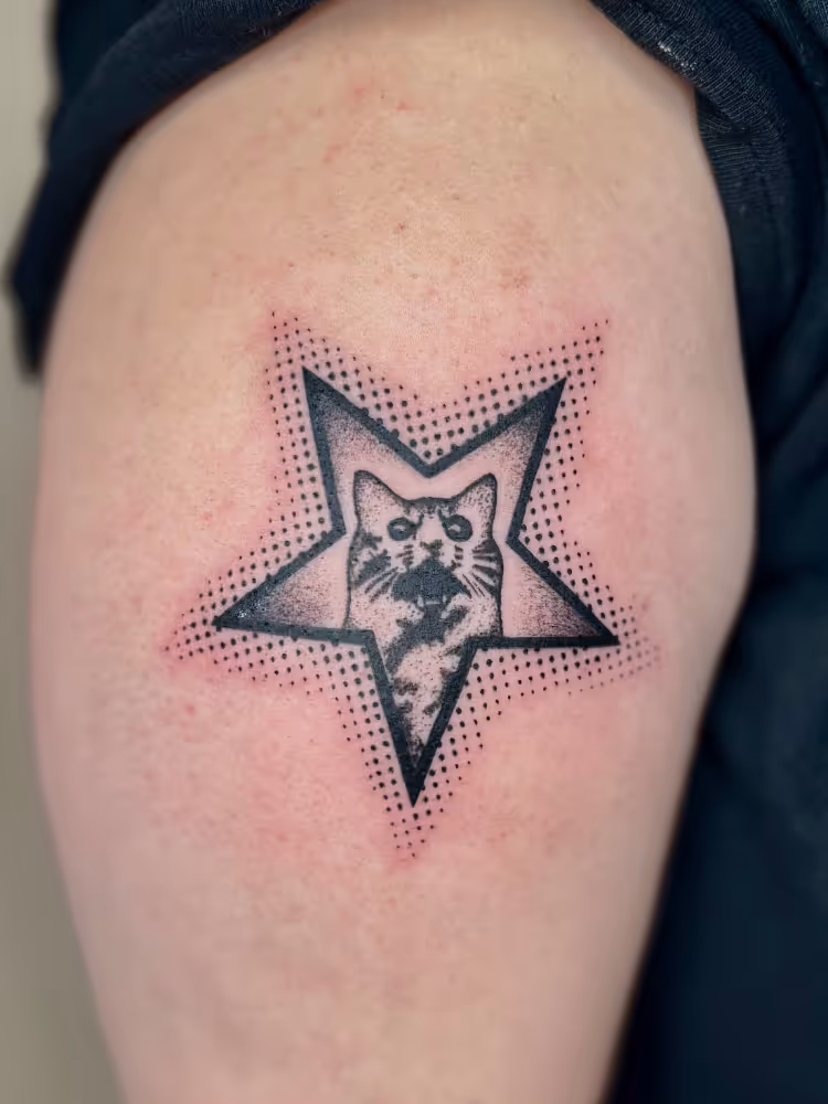 Cat face inside a dotwork star tattoo on the upper arm