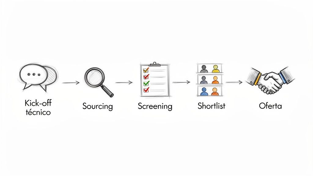 Diagrama de flujo del proceso de reclutamiento y selección, mostrando etapas desde el kick-off técnico hasta la oferta.