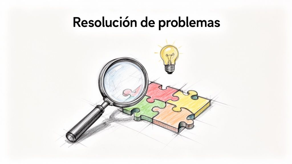 Ilustración de resolución de problemas con una lupa, piezas de rompecabezas de colores y una bombilla encendida.