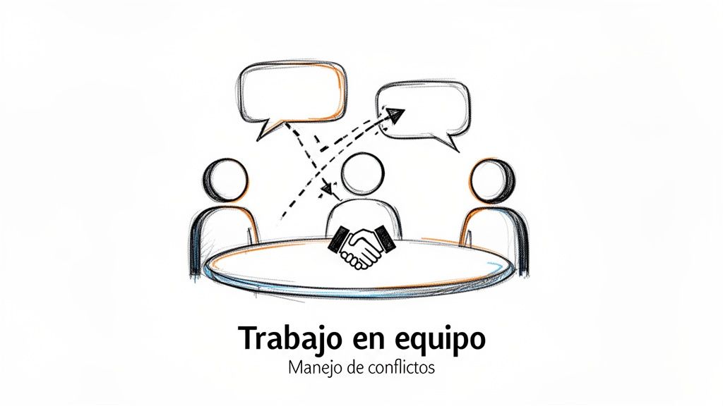 Ilustración de personas en una mesa, comunicándose y cerrando un trato. Representa trabajo en equipo y gestión de conflictos.