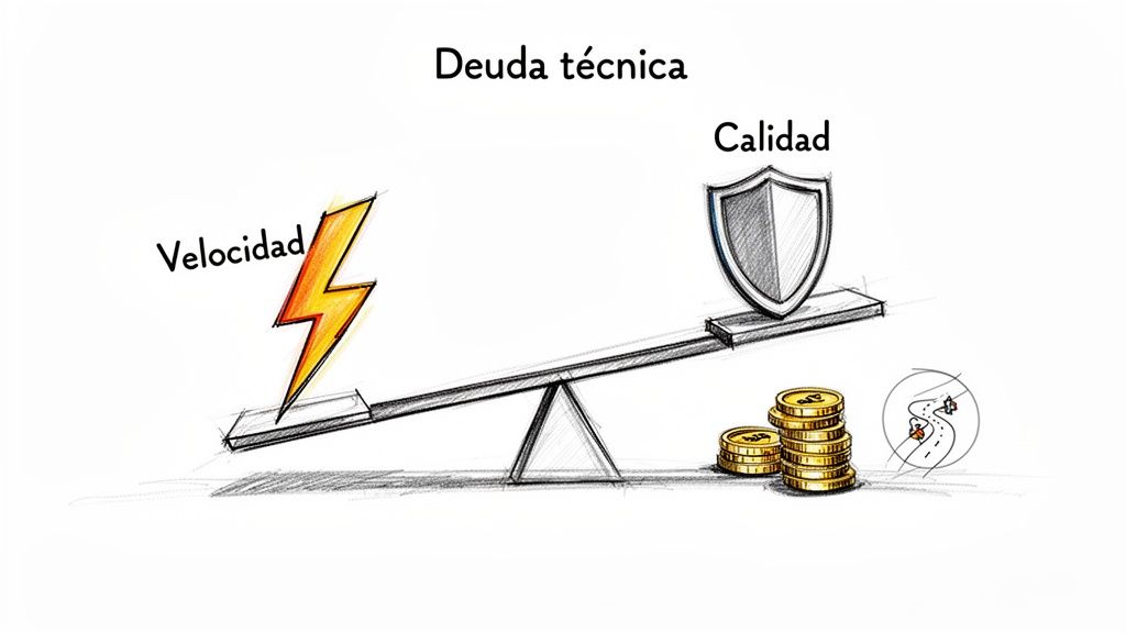 Ilustración de la deuda técnica, con una balanza que contrapone velocidad (rayo) y calidad (escudo).