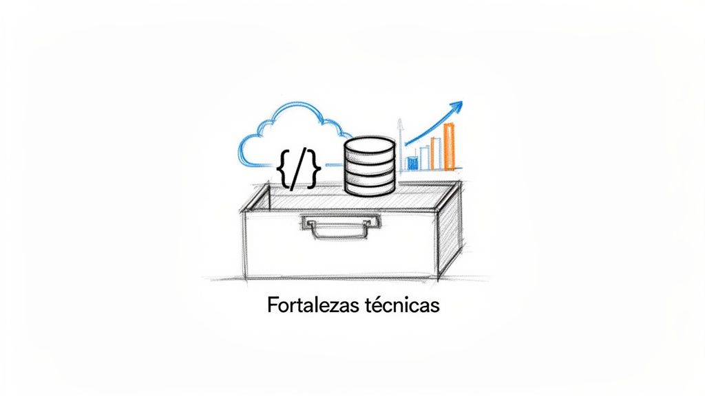 Dibujo de una caja que contiene una nube, código, base de datos y gráficos ascendentes, simbolizando fortalezas técnicas.