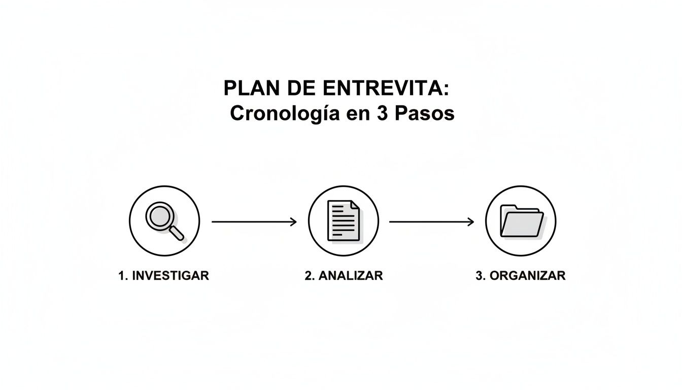 Un plan de entrevista cronológico en 3 pasos: investigar, analizar y organizar con iconos visuales.