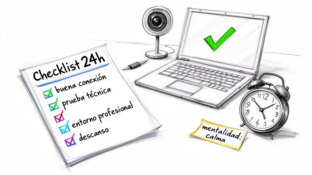 Una checklist 24h con laptop, cámara web, reloj y nota de mentalidad tranquila para preparar una entrevista.