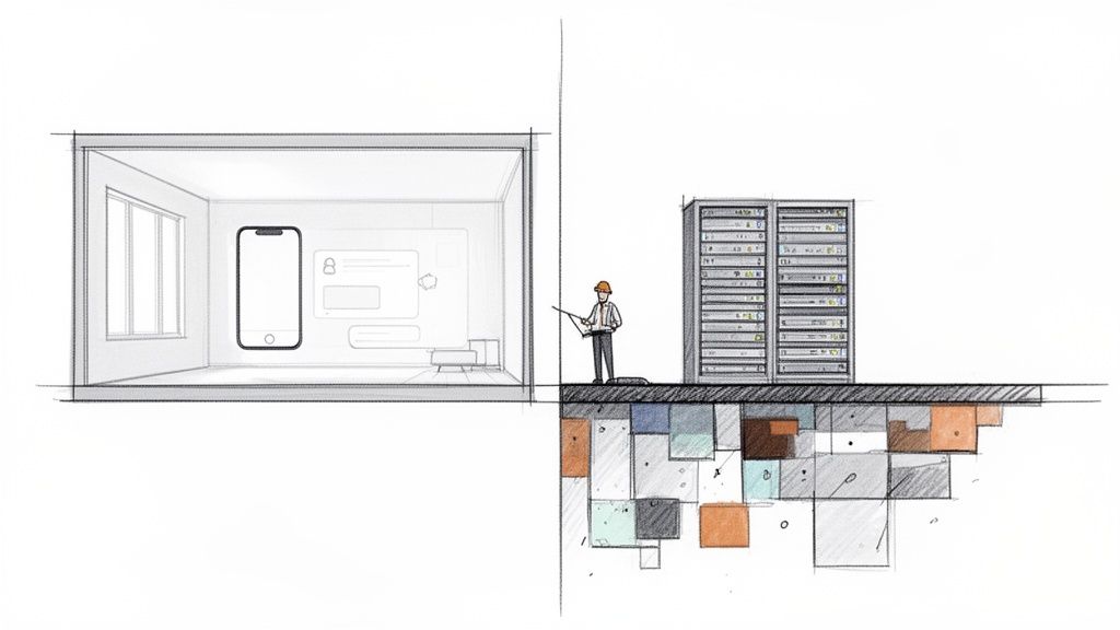Ilustración de la conexión entre interfaz de usuario (móvil) y servidores, simbolizando el desarrollo full stack.