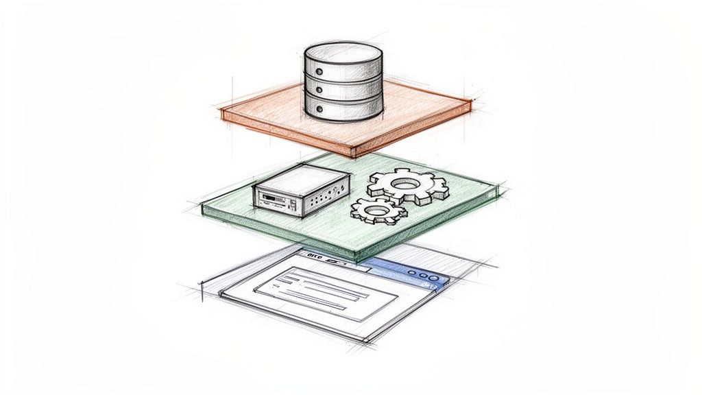 Dibujo conceptual de una arquitectura de software de tres capas con base de datos, lógica y interfaz de usuario.